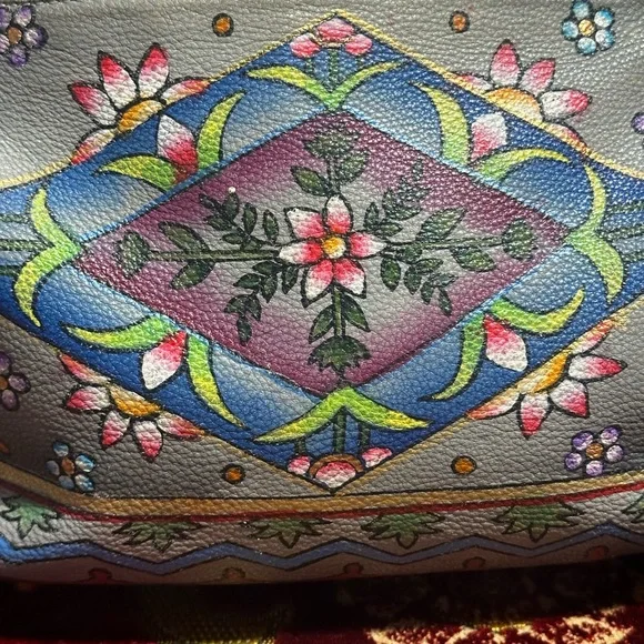 Floriana‎ Floral Hand Painted Black Leather Boho Crossbody Purse - Picture 2 of 12